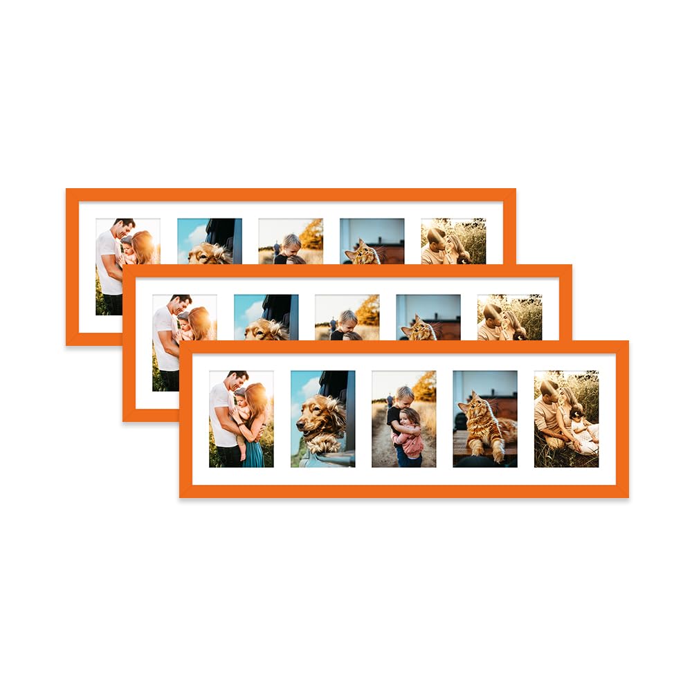 Orange Multi Photo Frame - Holds 5 x 6x4 Pictures, Family Collage Picture Frame for Wall Display, 8x26 Panoramic Frame Size, Set of 3