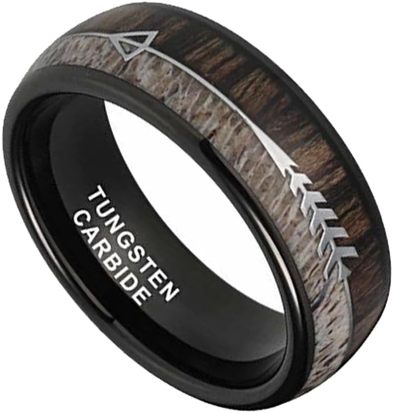(8mm) Unisex, Women's or Men's Tungsten Wedding Ring Band. Domed Black Band with Cupid's Arrow and Duo Wood and Antler Inlay. Comfort Fit. One Year Warranty Included.