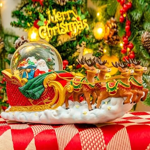 Santa’s Sleigh Christmas Snow Globe & Reindeer,Christmas Decor Musical, Colorful Lights & Automatic Snowfall Music Box, for Famliy, Friend,Holiday Decoration,Plays 14 Classic Tunes Cover