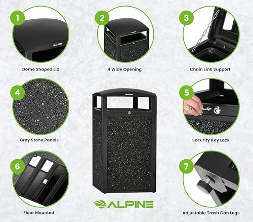Image of Alpine Industries 40 Gallon Commercial Outdoor Trash Can, Metal with Removable Bin & Locking Lid (Black, Grey Stone)