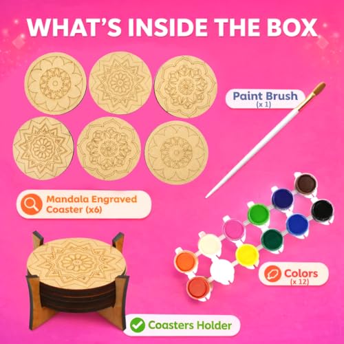 Image of Asian Hobby Crafts DIY Mandala Art Coaster Painting Kit - 6 Pre-Marked Coasters, Paint and Brush Set | Art and Craft Set for Kids & Adults (4-12 Years) Coloring Kit for Birthday Return Gift, Home & Office Activity