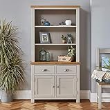 The Furniture Market Cotswold Grey Painted Medium Dresser with Adjustable Shelves, Natural Oak Top, Two Drawers, Two-Door Cupboard, Storage for Kitchen or Dining Room - H 1850mm x W 960mm x D 350mm