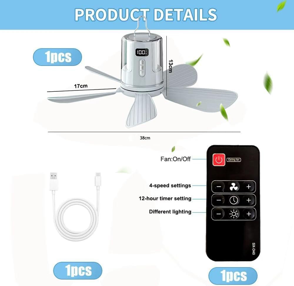 Ventilatore da soffitto con illuminazione da campeggio, ricaricabile, con luce e telecomando, USB, timer, ventilatore portatile, batteria per esterni, gazebo, terrazza