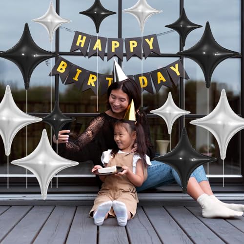 Image of Black Silver Star Balloons,12Pcs Four Angle Star Foil Balloons | 26Inch and 10Inch Black Silver Quadrangle Star Helium Balloon for Birthday Baby Shower Wedding Party Decorations