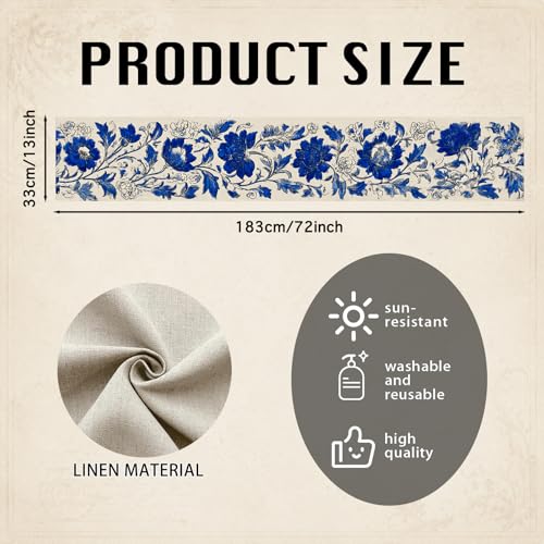 Image of Nuxovilar Hand Drawn Floral Table Runner Flax 13x72 in | Holiday Runner Linen Placemats Dining Accessories Set Afternoon Tea Home Decor (Blue Floral Hand Drawn)