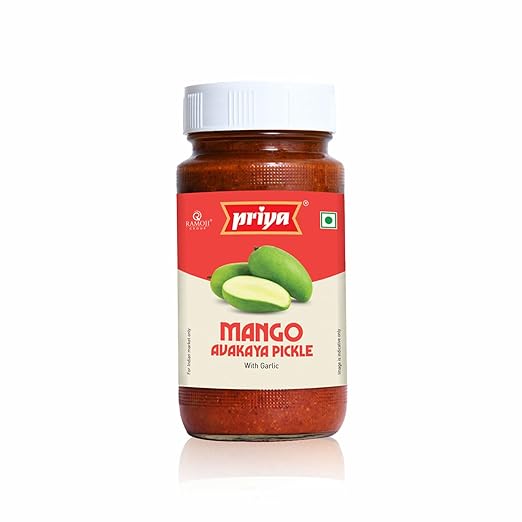 Mango Avakaya Pickle With Garlic,500G|Authentic Telugu Style Avakai Aam Achar| Traditional South Indian Taste| Homemade Andhra Pickles| Tangy & Spicy|With Mango Pieces&Mixed Spices| Glass Jar