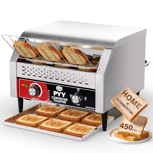 Commercial Conveyor Toaster 450 Slices/Hour, Industrial Electric Conveyer Belt Oven, Heavy Duty Stainless Steel Tostadora Transportadora for Bun Bagel Bread Waffle Restaurant Hotel Buffet 110 Vlots