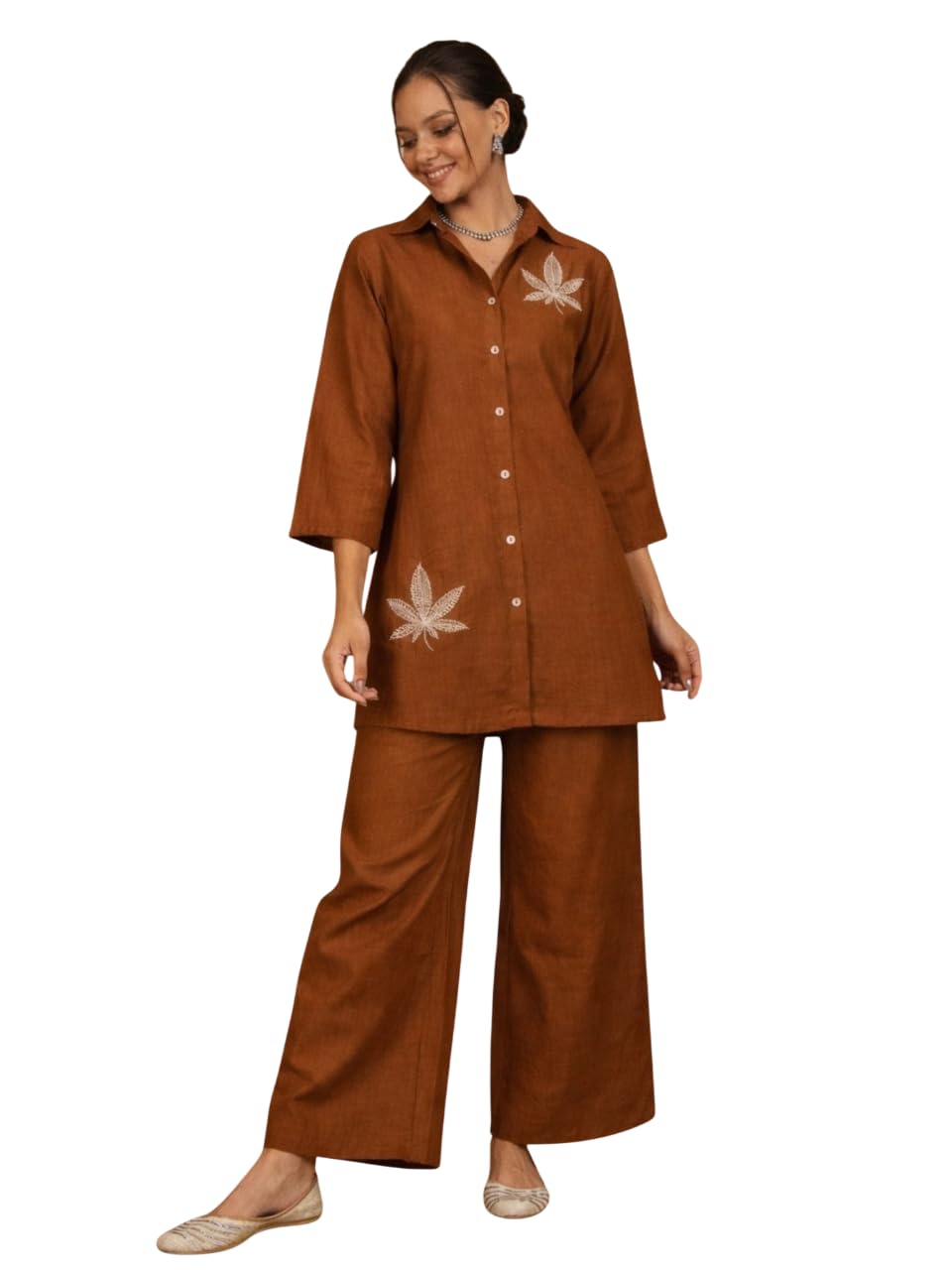 WineRed Women Solid Rust Leaf Embroidery Co-Ord Set-image-35