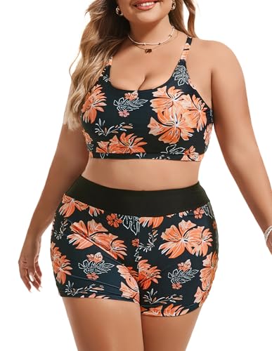 Hanna Nikole 3 Piece Tankini Swimsuits for Women Tummy Control Plus Size Bathing Suit with Boy Shorts Tank Top and Sports Bra3