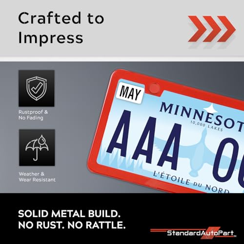 Image of Premium Slim Red License Plate Frames - 2 Pack, Rust-Free Stainless Steel & Rattle-Free, Street Legal, Universal with Screw Caps, Thin Metal Front & Rear Car Tag Holders Unisex
