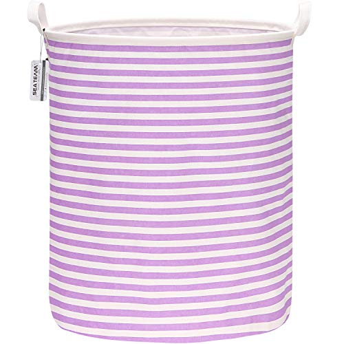 Image of Sea Team 19.7 Inches Large Sized Waterproof Coating Ramie Cotton Fabric Folding Laundry Hamper Bucket Cylindric Burlap Canvas Storage Basket (19.7", Purple & White Stripe)