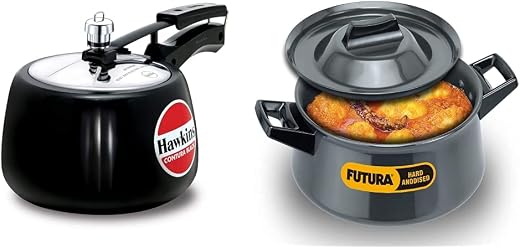 HAWKINS Contura Hard Anodised Aluminium Pressure Cooker, 3 litres, Black &amp; HAWKINS Futura Hard Anodised Handi Sauce Pan, 3...