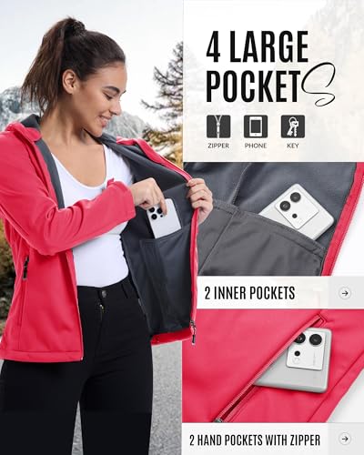 33,000ft Damen Fleece Gefütterte Softshelljacke Wasserdichte Funktionsjacke Fahhradjacke mit Kapuze Winddichte Übergangsjacke Windbreaker zum Radfahren, Wandern Rosa 38