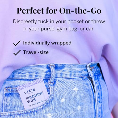 Image of Pixie Feminine Wipes - Flushable, Biodegradable, & Ph Balanced - Individually Wrapped Packet Wipes for On The Go & Public Bathrooms - Wash & Cleaner For Your Menstrual Cups & Discs (2 Packs of 20)
