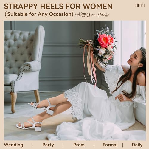 IDIFU IN2 Rhinestone Low Heels for Women Strappy Chunky Block Short Square Open Toe Heeled Sandals Wedding Bride Party Dress Shoes Comfortable Dressy Sparkly Bling Thick Heels3