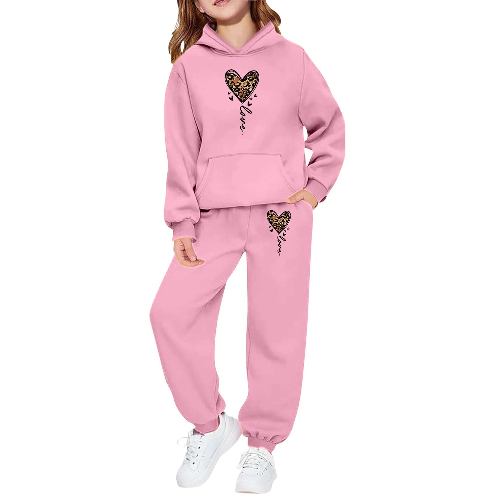 Ensemble Fille, De Survêtement À Capuche Pour Filles, Imprimé Léopard Et Cœur, En Polaire, Style Jogging, Avec Poches, Idéal Pour Une Tenue Décontractée., Ajustement Parfait