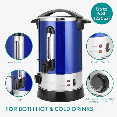 Foto von Navaris Glühweinkocher Heißwasserspender aus Edelstahl - 6,8l - mit Thermostat Füllstandanzeige Zapfhahn - Glühwein Heißgetränkeautomat Blau