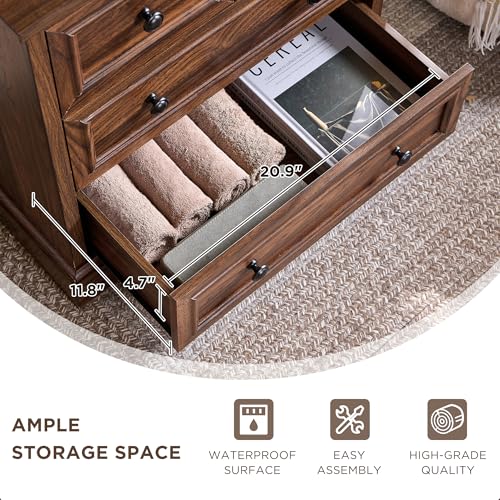 Image of ACCOHOHO 26 inch W Nightstands Set of 2, Farmhouse End Table with 4 Drawers for Storage, Nightstand with Charging Station for Bedroom, Brown