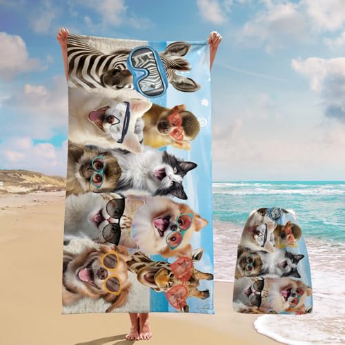 Duckbe Beach Towel with Bag - Animals Selfie Design - 35x70 inches Soft Lightweight Absorbent Microfiber Bath Pool Towels for Baby Kids Boys Girls Gifts Color25-Animals
