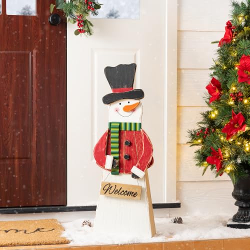 Image of Glitzhome 30 inchH Christmas Chunky Wood Snowman Porch Sign, Standing Snowman Porch Decor with Black Top Hat and Red Coat,Merry Christmas Welcome Sign for Holiday Front Porch Outdoor Decorations