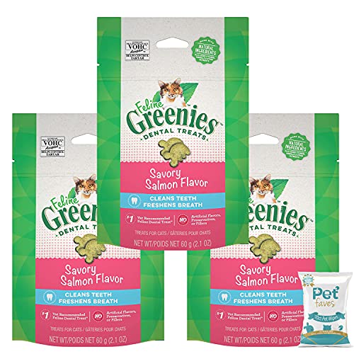 (3 Pack) Greenies Feline Natural Dental Care Cat Treats, Salmon Flavor 2.1oz w/ 10ct Pet Wipes
