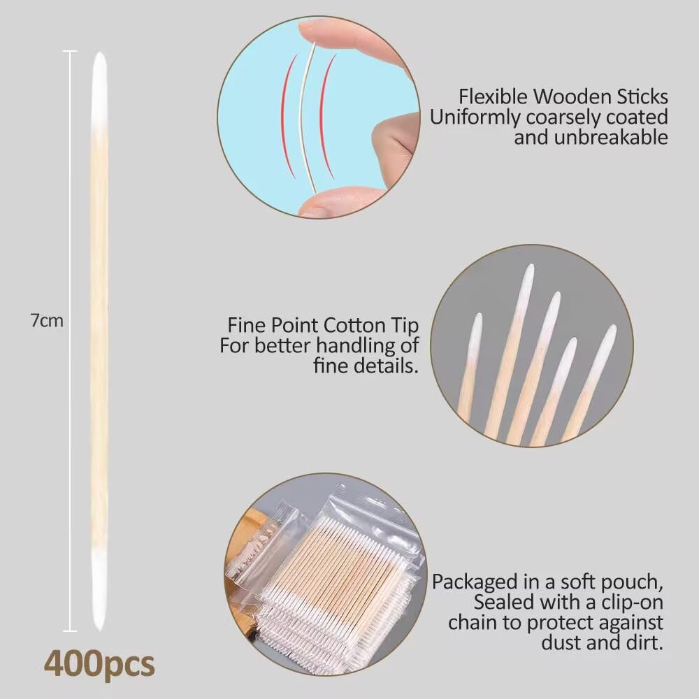 400 tamponi di cotone, a doppia punta in legno, applicatori per tatuaggi, manico in legno, sopracciglia, eyeliner, bellezza, trucco, unghie (7 cm
