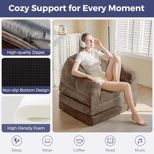 MAXYOYO Folding Sofa Bed with Backrest, Boneless Fold Out Couch Bed with Handle, 2 in 1 Convertible Bean Bag Chair to Floor Sofa Lounger, Comfy Folding Couch for Bedroom & Living Room, Brown by MAXYOYO - Image 4