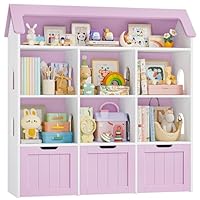 FOREHILL Kids Toy Storage Unit Kids Bookshelf House-shaped Toy Organiser Childrens Bookcase, 7 Open Compartments, 3 Drawers with Wheels for Nursery Playroom White+Light Purple 120x33x117.5cm