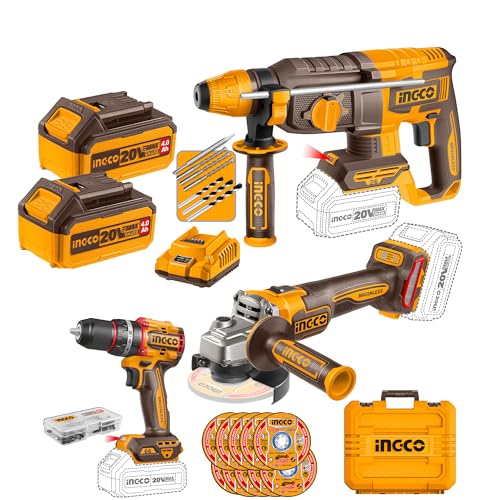Image of Ingco 20V Brushless Cordless 3 Pcs Combo Kit, Impact Drill, Angle Grinder, Rotary Hammer, 4.0Ah Battery, Charger & 47Pcs Accessories, Power Tool Set with Plastic Storage Case