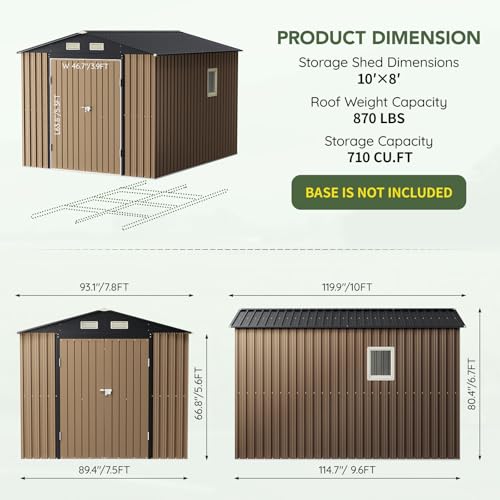Image of Upgrade 10x8FT Outdoor Metal Storage Shed with Double Swing Doors,Clear Windows, Tool Shed for Garden, Patio, Backyard Brown