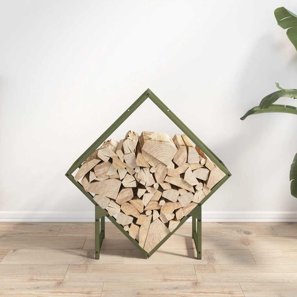 Oliwkowy stojak na drewno opałowe, wytrzymały uchwyt na drewno walcowane na zimno, do użytku wewnątrz i na zewnątrz, 60 x 25 x 60 cm, drewniany stojak do przechowywania, maks. nośność 100 kg