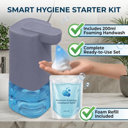 Image of Automatic Foaming Soap Dispenser with 200ml Foaming Handwash Refill Included, 350ml Touchless Soap Dispenser, Smart Infrared Sensor,IPX4 Waterproof for Kitchen & Bathroom (Grey)