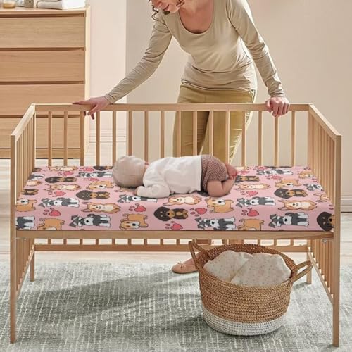 Image of Pink Baby Sheets for Crib Puppy Dog Nursery Bed Sheets for Cribs Removable Mattress Pad Nursery Decor for Girls Boys Birthday Gifts Diaper Changing Pad