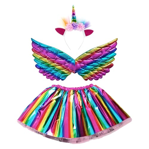 VNHATY Conjunto de disfraz de unicornio de 3 piezas con diadema de unicornio, alas de unicornio, falda corta, regalo de unicornio para niñas de 3 a 8 años, cosplay, regalo de cumpleaños de Halloween