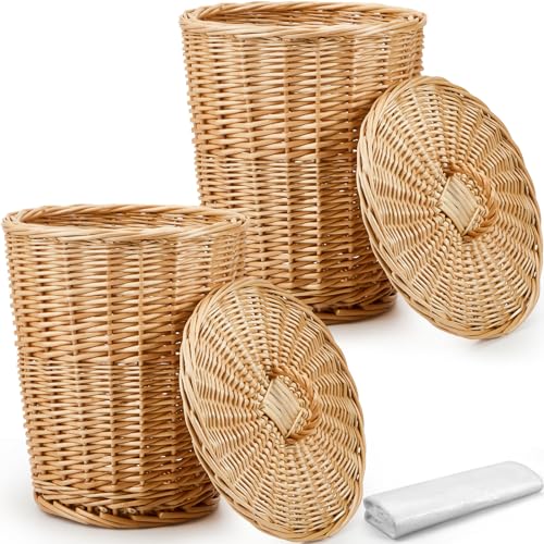 Image of Maxcheck 2 Pcs Wicker Trash Can with 100 Plastic Trash Bag Wicker Waste Woven Basket with Lids and Garbage Bags for Bathroom Kitchen Bedroom Office Bedroom Kitchen Laundry Supplies