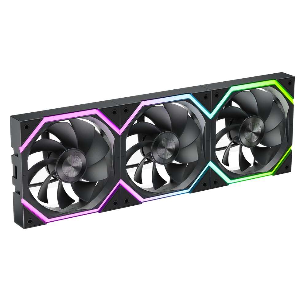 Jungle Leopard GALAXY Build Blocks UNI Daisy Chain RGB PC Lüfter 120MM 3er Pack,2000RPM/62.36CFM,5V3PIN ARGB und 12V4PIN PWM Lüfter (Black, Reverse)