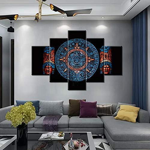 5 Piece Large Canvas Wall Art Ancient Indian Religion Picture Blue Maya Calendar Paintings Hd Prints Contemporary Artwork Living Room House Decoration Framed Ready To Hang Poster And Prints(60"Wx40"H) #TOP1