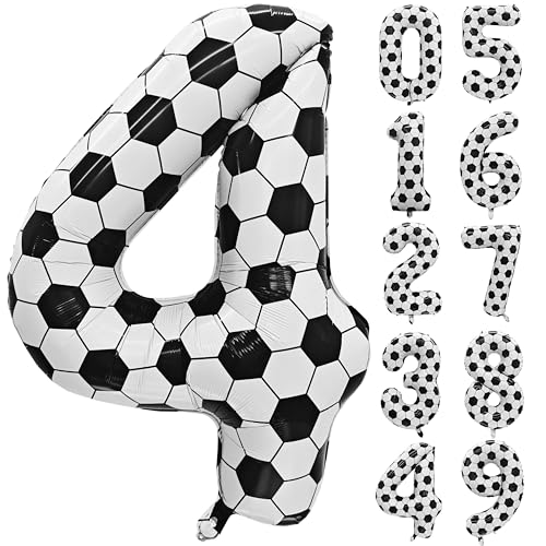 Image of Black White Soccer Number 4 Balloon 4nd Birthday Decoration 40in 4 Balloon | Helium Foil Mylar Balloon World Cup Football Sports Theme Favors for Birthday Party Anniversary Decorations Supplies