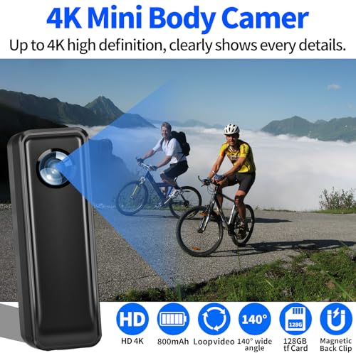 Image of Body Camera 128GB, 4K 30FPS Action Camcorder, Hands Free Sports Camera with Magnetic Back Clip, Mini Body Cam POV Records with Audio and Video Recording for Traveling Cycling Vlogging