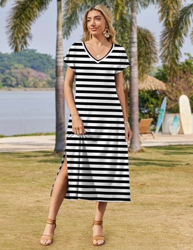 Image of Zeagoo Women Summer Floral Dress Short Sleeve Beach Dress with Pockets Casual V-Neck Split Long T-Shirt Dress Travel Vacation