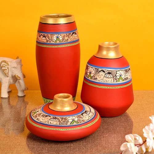 Image of Aakriti Art Creations Vase Earthen Red Madhubani Set of 3 | Hand-Painted Terracotta Flower Vases | Matte Finish Decorative Vases for Living Room, Table & Floor Decor