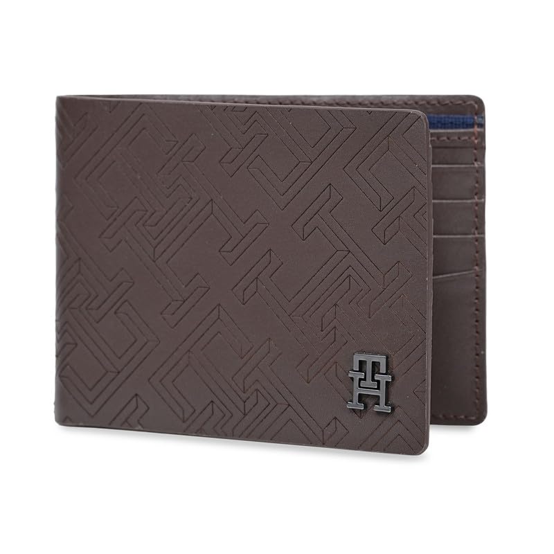 Image of Tommy Hilfiger Men's Leather Wallet Tavros | Brown Laser-Detailed Slimfold Bi-Fold with 8 Card Slots, Coin Pocket | Stylish Purse for Gents