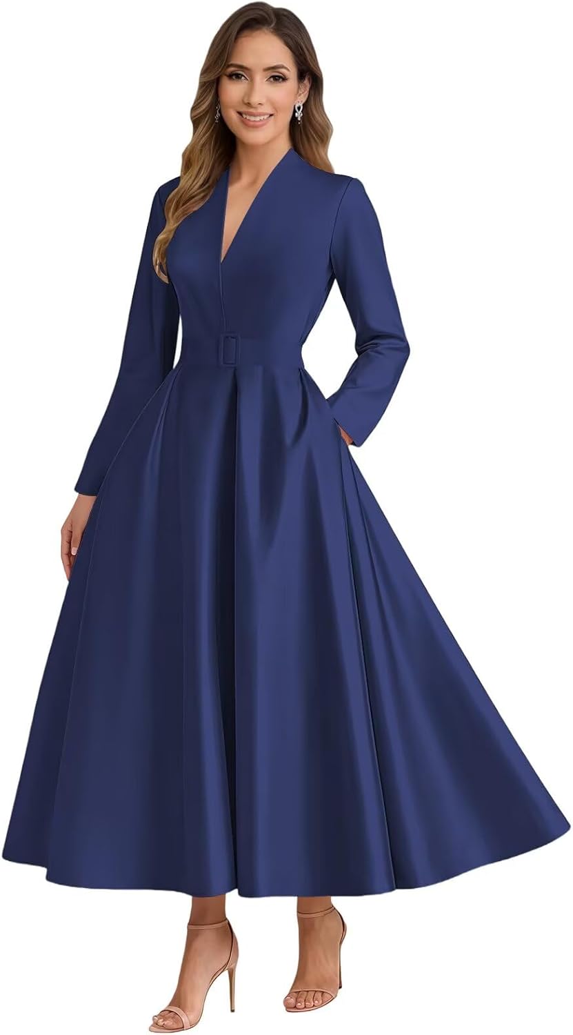 Satin Mother of The Bride Dresses for Women Tea Length Long Sleeve Mother of The Groom Dresses with Pocket Belt