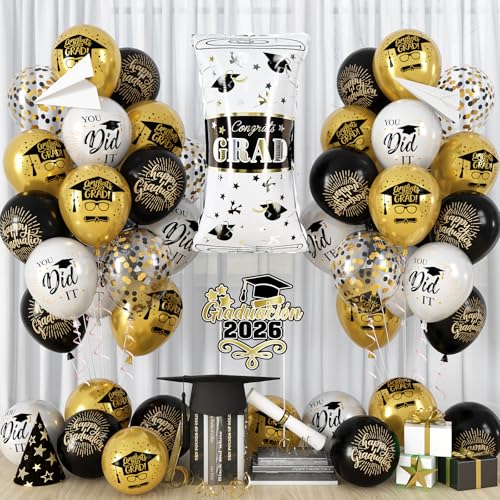 Graduation Balloons 2026 Grad Party Decorations Black and Gold Congrats Grad Happy Graduation Latex Balloons Diploma Foil Balloon for College High School Congratulations Graduate Party Decoration