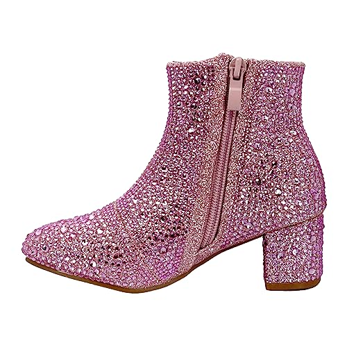 ABSOLEX Girle's Rhinestone Round Toe Block Chunky Low Heel Ankle Booties4
