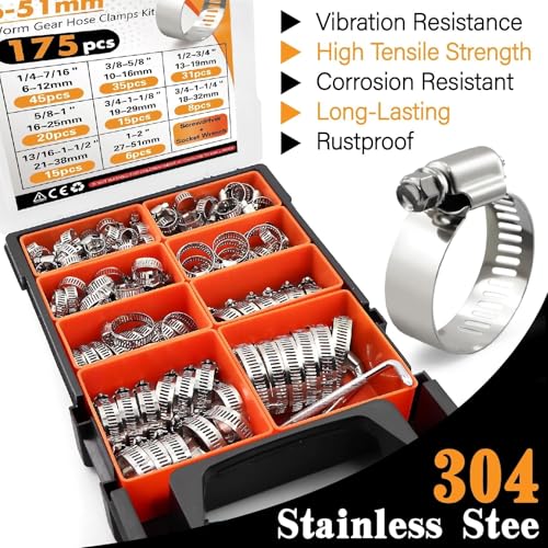 Image of 304 Stainless Steel Worm Gear Hose Clamps Assortment Kit 175PCS 1 /4 to 2 in | 8 Sizes Clamps Set for Radiator,Heater,Automotive, Marine,Fuel Line, Plumbing & DIY, Pipe,Tube, Coolant, Garden W /Case