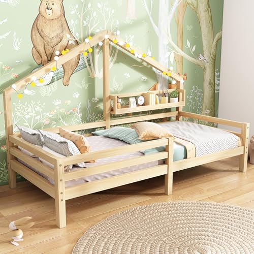 Merax Kinderbett 90x200cm mit Rausfallschutz, Kinder Hausbett mit Ablageregal, Stabiles Holz Baumhausbett mit Lattenrost, Spielbett für Jungen &...