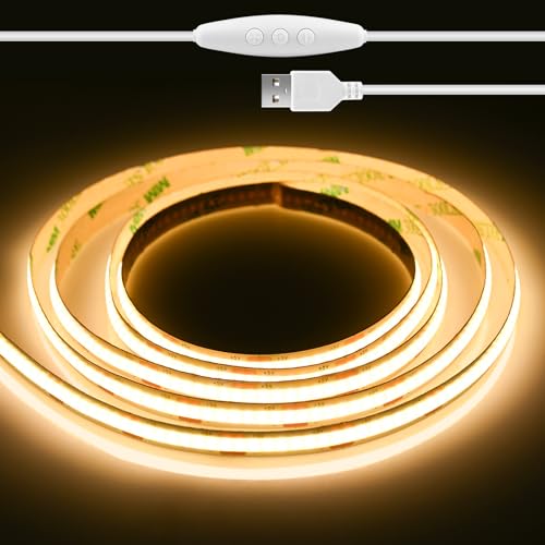 Oumida 2 Metri Striscia LED COB 5V USB, 3000K Bianco Caldo 640LED CRI92+ Dimmerabili Strisce Luce LED Flessibile per Retroilluminazione TV, Cucina, Camera da Letto,Soggiorno, Fai da Te (2M)