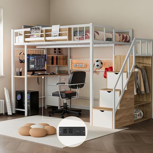 Kikihouse Twin Loft Bed with Desk, Storage Stairs & Wardrobe, Metal Loft Bed Frame w/Headboard, Bedside Shelf, Charging Station & 6 Drawers, LED Gaming Bed for Adult Space-Saving