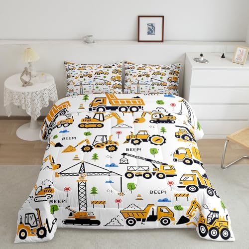 Image of Feelyou Construction Truck Bedding Set Kids Boys Cartoon Excavator Vehicle Tractor Cars Comforter Set Twin Size Machinery Equipment Duvet Insert Yellow Decor